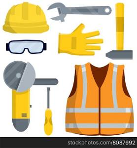 Set of clothes Builder and worker. Orange vest, helmet, glasses, gloves. Repair and maintenance. Safety and tools. Cartoon flat illustration. Set of clothes Builder and worker.