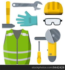 Set of clothes Builder and worker. Repair and maintenance. Safety and tools. Cartoon flat illustration. Set of clothes Builder and worker.