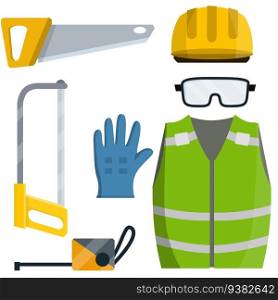 Set of clothes Builder and worker. Safety and tools for cutting trees. Cartoon flat illustration. Repair and maintenance. Yellow vest, helmet, glasses, gloves. jigsaw and saw of lumberjack. Set of clothes Builder and worker. Green vest