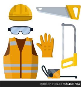 Set of clothes Builder and worker. Safety and tools for cutting trees. Cartoon flat illustration. Repair and maintenance. Yellow vest, helmet, glasses, gloves. jigsaw and saw of lumberjack. Set of clothes Builder and worker.