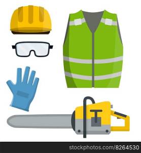 Set of clothes Builder and worker. Yellow vest, helmet, glasses, gloves. Cartoon flat illustration. Chainsaw of lumberjack. Repair and maintenance. Safety and tools for cutting trees. Set of clothes Builder and worker.