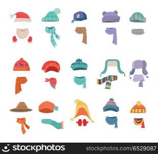 Set of Clothes for Cold Weather to Boys and Girls. Set of hats and scarves for boys and girls in cold weather. Stylish hats and scarves. Clothes for winter and autumn. Blue, red, brown, violet, brown and orange hats and scarfs. Vector illustration.
