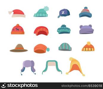 Set of Clothes for Cold Weather to Boys and Girls. Set of hats for boys and girls in cold weather. Stylish hats. Clothes for winter and autumn. Blue, red, brown, violet, brown and orange hats. Vector illustration.