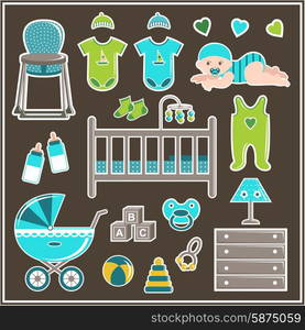 Set of clothes, furniture and items to care for a little boy. Vector illustration