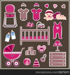 Set of clothes, furniture and items to care for a little girl. Vector illustration