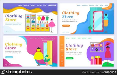 Set of clothing stores and shops website or webpage. Landing page with products representation. Changing room and mannequins and fashionable clothes in clothing store. Vector in flat illustration. Clothing Store, Boutique with Womens Clothes