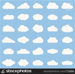 Set of Cloud icon white color on blue background. Cloud sky vector illustration collection for web, art and app design. Different cloudscape weather symbols.