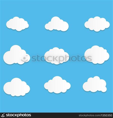 Set of Cloud Icons with flat style in blue sky background. Copy space. Speech Bubble, White blank hanging.