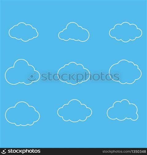 Set of Cloud outline Icons. Clouds symbol vector illustration on blue sky background.