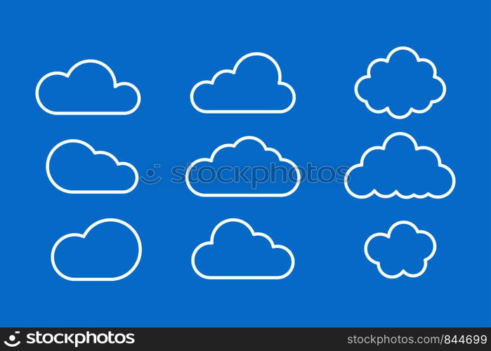 Set of clouds isolated on blue background. Weather signs. White paper stickers. Collection of clouds icon. EPS 10. Set of clouds isolated on blue background. Weather signs. White paper stickers. Collection of clouds icon.