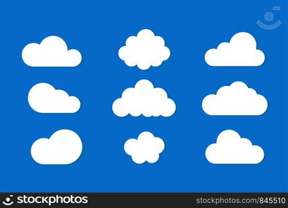 Set of clouds isolated on blue background. Weather signs. White paper stickers. Collection of clouds icon. EPS 10. Set of clouds isolated on blue background. Weather signs. White paper stickers. Collection of clouds icon.