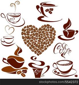 Set of coffee cups icons, Heart shape is made of coffee beans stylized sketch symbols for restaurant or cafe menu.