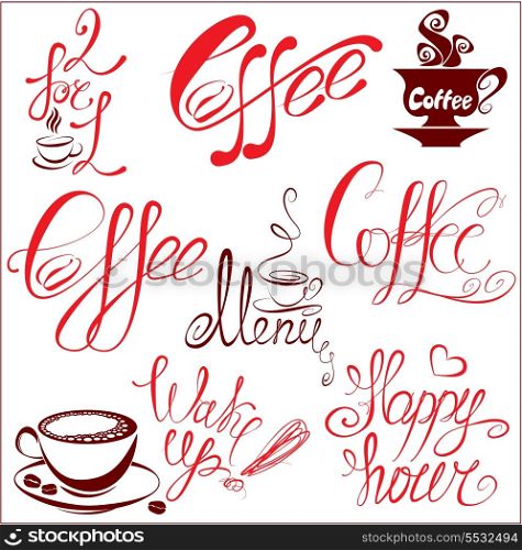 Set of coffee cups icons, stylized sketch symbols and hand drawn calligraphic text: coffee, menu, wake up, happy hour.Elements for cafe or restaurant design.