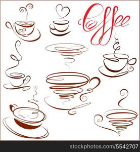 Set of coffee cups icons, stylized sketch symbols for restaurant or cafe menu.
