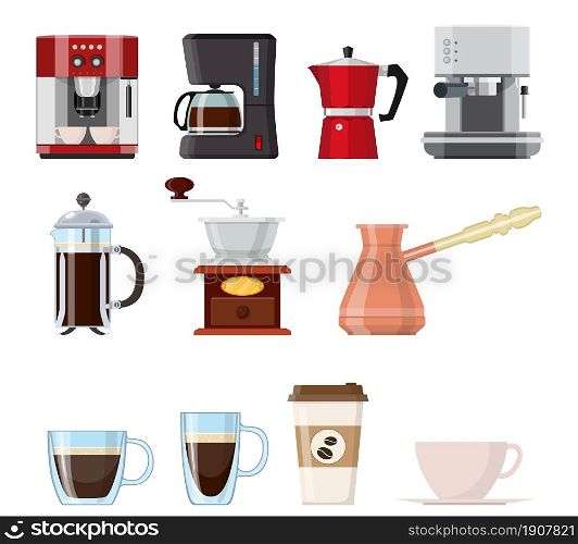 Set of coffee elements isolated on white background. French press, coffee makers, cup, pot, grinder and packaging. For web, poster, menu, cafe and restaurant. Vector illustration in flat style.. Set of coffee elements