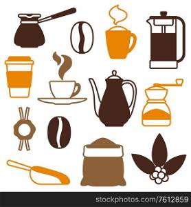 Set of coffee icons. Food illustration with beverage items. Design for coffee shop, bar and cafe.. Set of coffee icons. Food illustration with beverage items.
