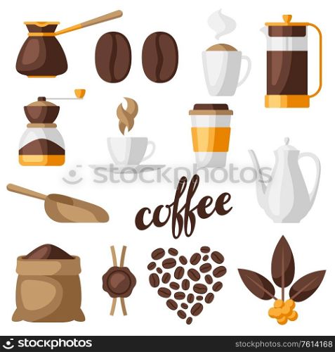 Set of coffee icons. Food illustration with beverage items. Design for coffee shop, bar and cafe.. Set of coffee icons. Food illustration with beverage items.