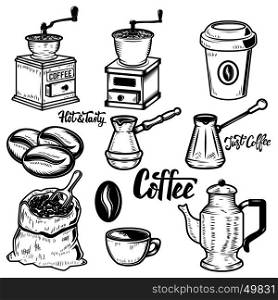 Set of coffee icons on white background. Coffee beans, mills. Vector design elements