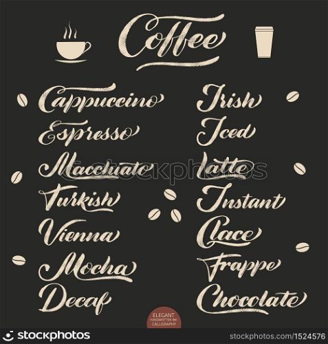 Set of Coffee lettering. Vector hand drawn calligraphy Coffee. Elegant modern calligraphy ink illustration. Typography poster on dark background. Coffee shop or restaurant promotion lettering. Set of Coffee lettering. Vector hand drawn calligraphy Coffee. Elegant modern calligraphy ink illustration. Typography poster on dark background. Coffee shop or restaurant promotion lettering.
