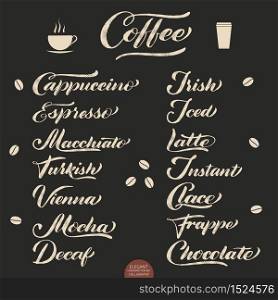 Set of Coffee lettering. Vector hand drawn calligraphy Coffee. Elegant modern calligraphy ink illustration. Typography poster on dark background. Coffee shop or restaurant promotion lettering. Set of Coffee lettering. Vector hand drawn calligraphy Coffee. Elegant modern calligraphy ink illustration. Typography poster on dark background. Coffee shop or restaurant promotion lettering.