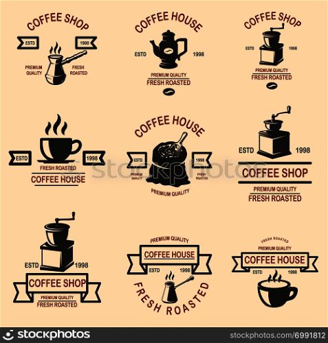 Set of coffee shop emblems. Design elements for logo, label, sign, badge. Vector illustration