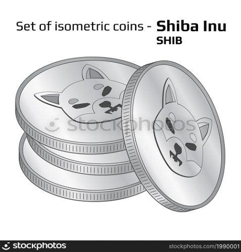 Set of coins in stack Shiba Inu SHIB in isometric view in black and white isolated on white. Vector illustration.. Set of coins in stack Shiba Inu SHIB in isometric view in black and white isolated on white.