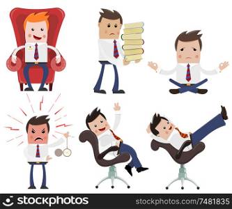 Set of color Cartoon businessman on a white background. Businessmen with different emotions. Vector illustration of businessmen for work and leisure