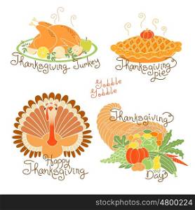 Set of color drawings to Thanksgiving Day. Autumn harvest, Traditional holiday meal, Thanksgiving turkey, pumpkin pie, cornucopia with fruits and vegetables. Vector illustration.