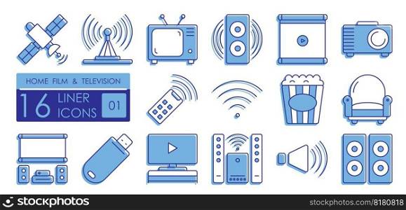 Set of color filled linear icons. Technology for entertainment, home theater viewing and listening to music. TV, speakers, projector, screen, multimedia system, satellite TV