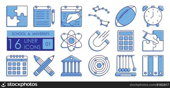 Set of color filled linear icons. University linear icons set. Structure of atom, calculator. Physical education lessons, astronomy. Sports activities, lesson schedule