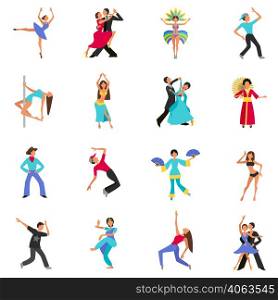 Set of color flat icons with figure people dancing vector illustration. Dance Icon Flat