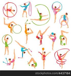 Set Of Color Gymnast Girl Figures. Set of color girl figures performing gymnastic exercises with mace hoop and tapes on white background isolated vector illustration
