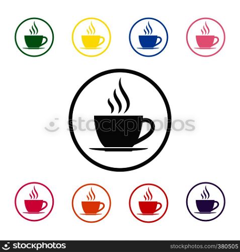 Set of color hot coffee Cup icons in a circle, flat design