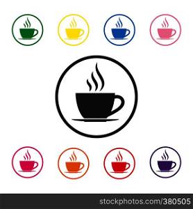 Set of color hot coffee Cup icons in a circle, flat design