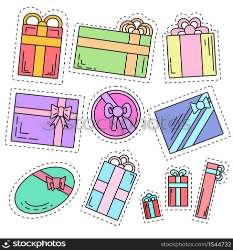 Set of color linear stickers of festive gifts of various shapes. The object is separate from the background. Vector element for your design. Set of color linear stickers of festive gifts of various shapes. The object is separate from the background.