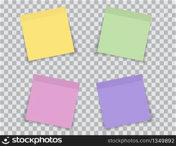 Set of color notes isolated on transparent background. Blank paper stickers. Memo sheets with shadows. Reminder notepad. Post board. Notice for office, marketing. Pad memory and information. Vector.. Set of color notes isolated on transparent background. Blank paper stickers. Memo sheets with shadows. Reminder notepad. Post board. Notice for office, marketing. Pad memory and information. Vector