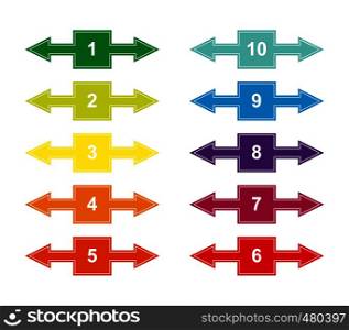 Set of color numbered squares with numbers from 1 to 10 with right and left arrows for design and decoration of projects, presentations, plans. Tab with numbering.