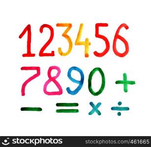 Set of color numbers and arithmetic signs for design and decoration, imitation of watercolor