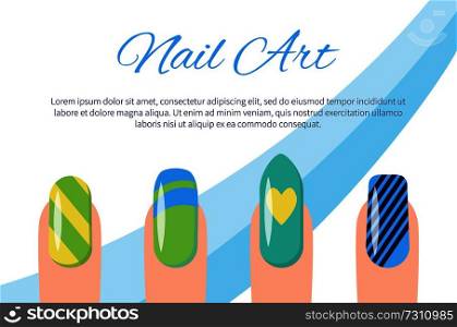 Set of color patterns on nails vector illustration with striped manicure, yellow heart on blue surface, text sample, isolated on bright background. Set of Color Patterns on Nails Vector Illustration