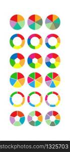 Set of color pie charts for 5, 6, 7 steps or sections to illustrate a business plan, infographic, reporting. Simple design, stock vector illustration.