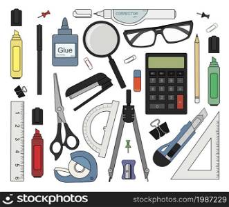 Set of color stationery tools: marker, paper clip, pen, binder, clip, ruler, glue, zoom, scissors, scotch tape, stapler, corrector, glasses, pencil, calculator, eraser, knife, compasses, protractor. Stationery tools. Color