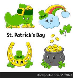 Set of color stickers for kids. Leprechaun boot, pot of gold, gold coin, clover, magic rainbow, horseshoe. St. Patrick &rsquo;s Day. Cartoon characters. Black stroke. Isolated vector illustration.