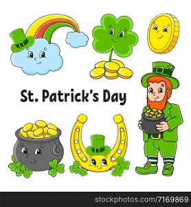 Set of color stickers for kids. Leprechaun with a pot of gold, gold coin, clover, golden horseshoe, magic rainbow. St. Patrick &rsquo;s Day. Cartoon characters. Black stroke. Isolated vector illustration.