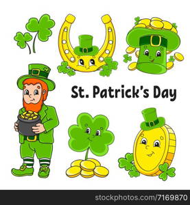 Set of color stickers for kids. Leprechaun with a pot of gold, gold coin, green clover, hat, golden horseshoe. St. Patrick &rsquo;s Day. Cartoon characters. Black stroke. Isolated vector illustration.