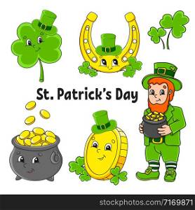 Set of color stickers for kids. St. Patrick &rsquo;s Day. Leprechaun with a pot of gold, gold coin, clover with hat, golden horseshoe. Cartoon characters. Black stroke. Isolated vector illustration.