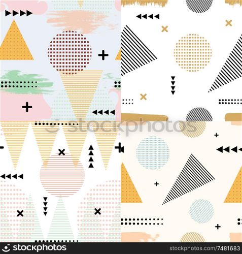 Set of color vector abstract seamless pattern in Memphis style. Textures Memphis with circles, triangles and spots. Stock vector illustration