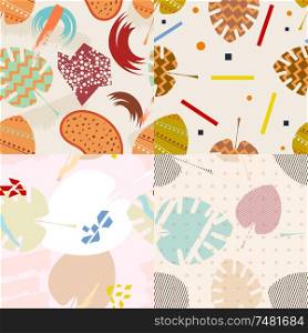 Set of color vector abstract seamless pattern in Memphis style. Textures Memphis with circles, triangles and leaves. Stock vector illustration
