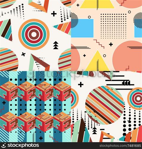 Set of color vector abstract seamless pattern in Memphis style. Textures Memphis with circles, triangles and spots. Stock vector illustration