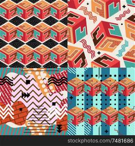 Set of color vector abstract seamless with squares pattern in Memphis style. Textures Memphis with circles, triangles and spots. Stock vector illustration