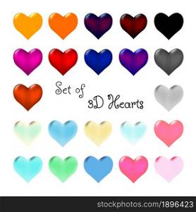 Set of colored 3d hearts. Symbol of love. Different colors on different backgrounds. Isolated decorations for sites and banners. Vector.